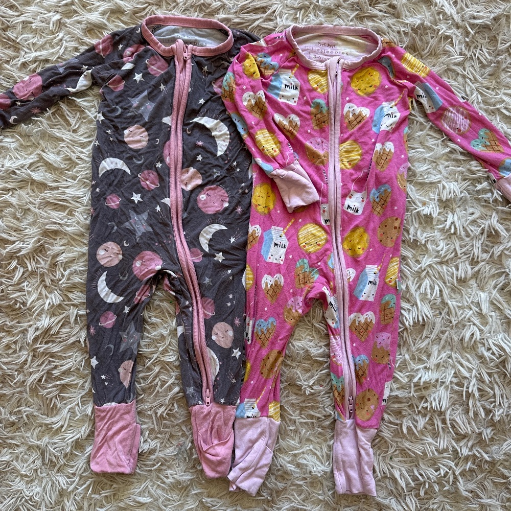 Little Sleepies Lot of 2 Sleepers Size 3-6 Months Moon and Milk & Cookies